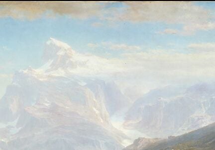 The painting's namesake and spiritual center , Bierstadt bathes it in an interior glow that reads as divine promise, not mere sunlight, the visual argument for Manifest Destiny.