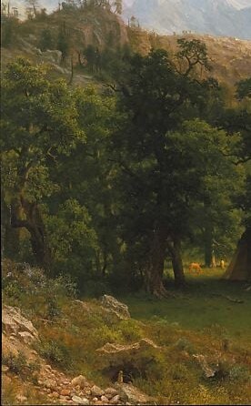 Bierstadt deploys this shadow curtain as a theatrical device , the darkness makes the sunlit valley beyond appear to glow from within, a stage trick disguised as a forest.