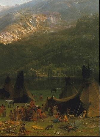 Mirrors the left frame to complete the proscenium composition , nature arranged as panoramic theater, the West as spectacle for an eastern audience who would never visit.