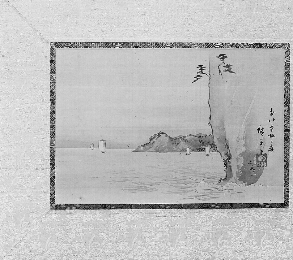 The border is painted, not a museum mat , part of the silk composition itself, signaling this is a formal presentation piece; its pattern frames the landscape like a window into a miniature world.