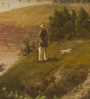 Two figures on the bank. One fishes, one watches.
