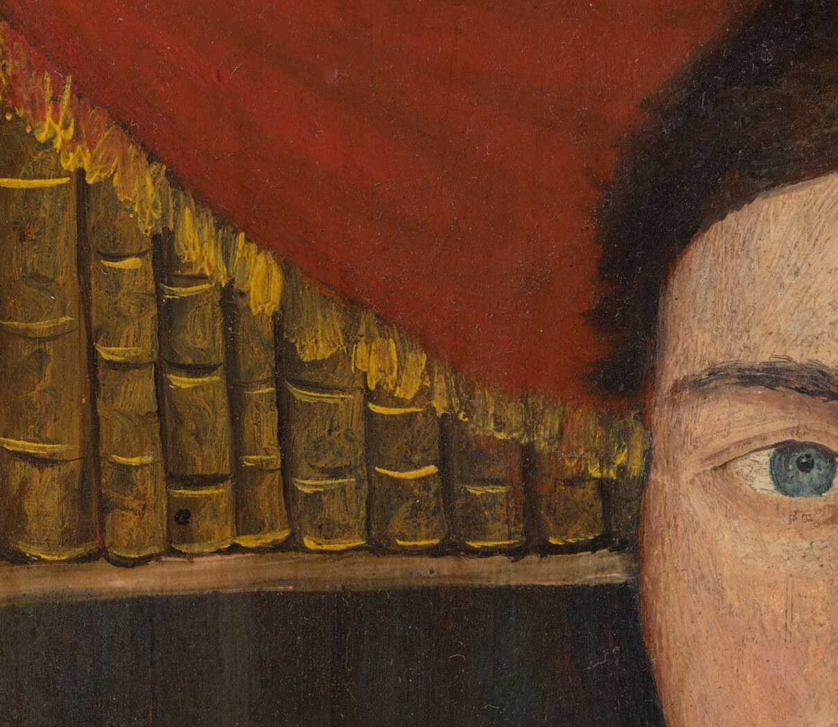 The red-spined books suggest a scholarly or intellectual pursuit, reinforcing his status.