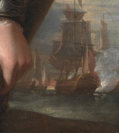 Look at the ships, symbols of British power in the background.