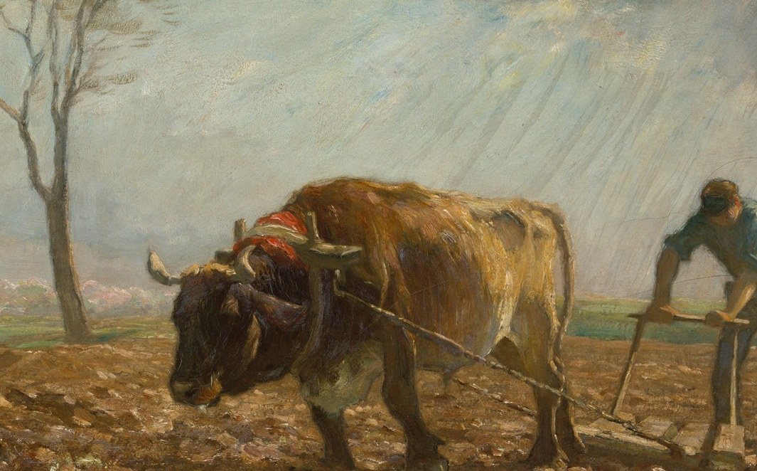 The animals carry the visual weight of the canvas; their muscled bulk and patient forward lean literalize shared burden