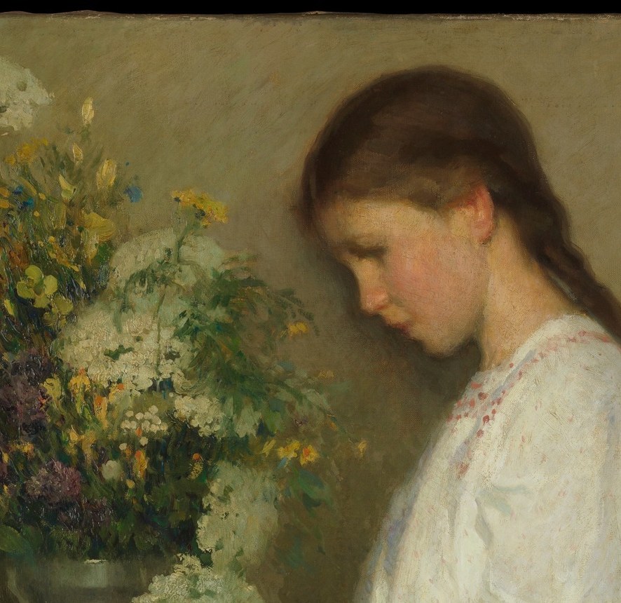 Yellow, white and purple blooms tumble loosely , painted with impressionist freedom that contrasts with the tighter figure work below.