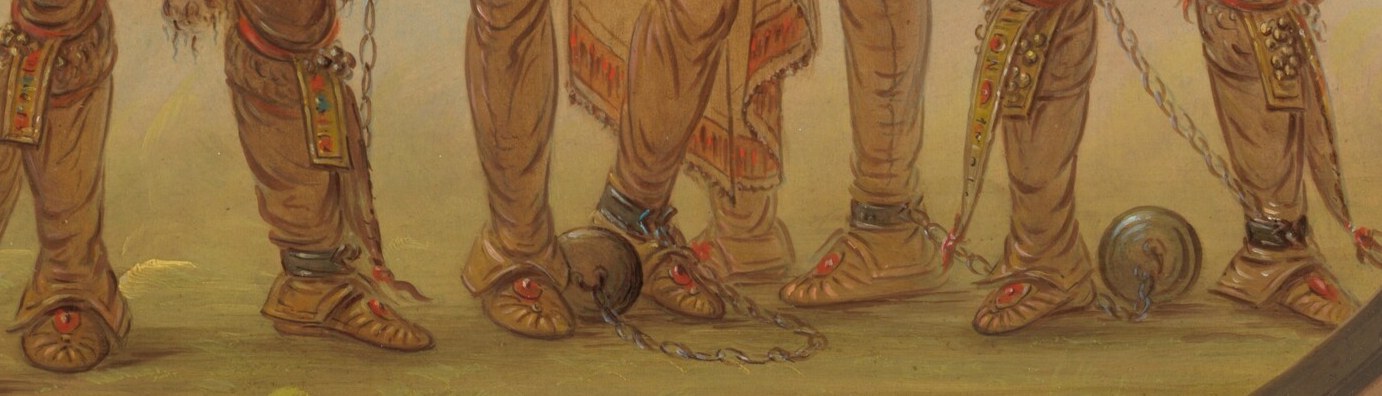 The heavy chains are a stark symbol of their imprisonment.