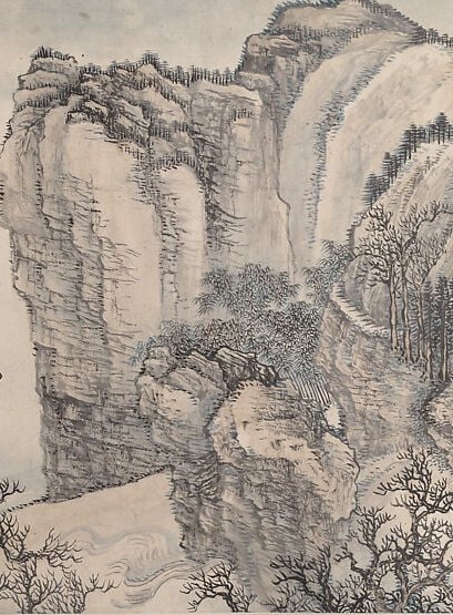 The dominant geological anchor of the composition; its layered, fractured texture exemplifies Wang Hui's northern-school cun strokes, giving the scroll its structural weight.