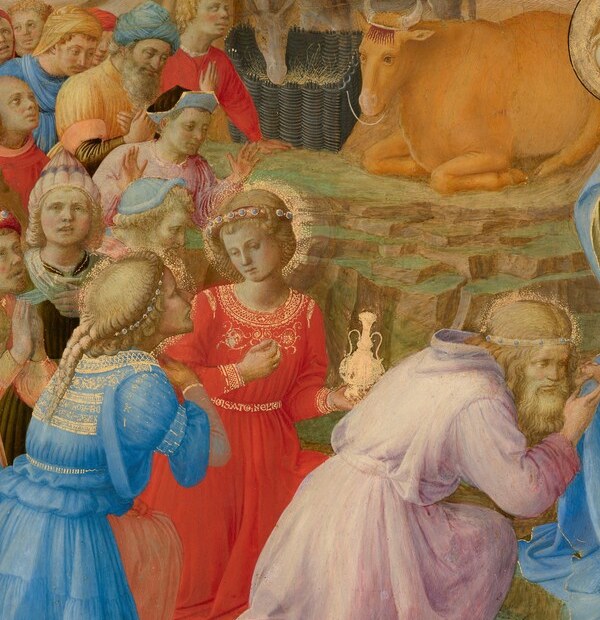 The most dramatically charged figure: a bearded elder king bowing completely, collapsing worldly power before an infant , the theological crux of the Adoration.