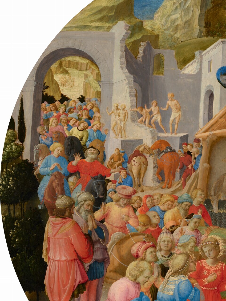 Dozens of individualised faces, turbans, and robes , art historians believe this crowd includes Medici-era Florentine portraits, making it a covert civic document.