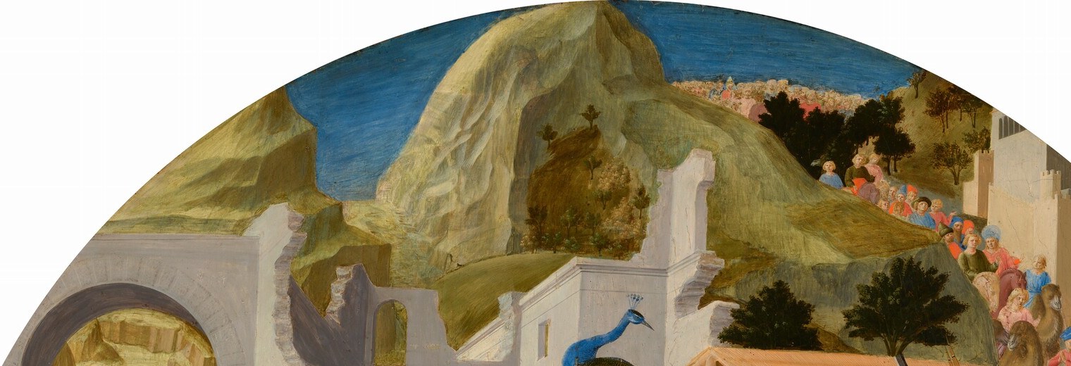 The landscape switches from Tuscan rocky outcrops to gentler hills, an early experiment in atmospheric recession that anchors the scene in credible geography.