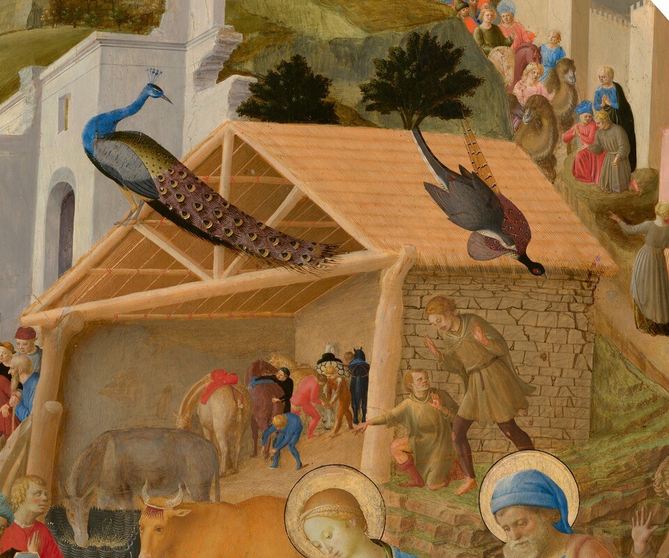 The painting's spatial spine; its diagonal timbers organise depth and separate the sacred inner space from the thronging outer world.