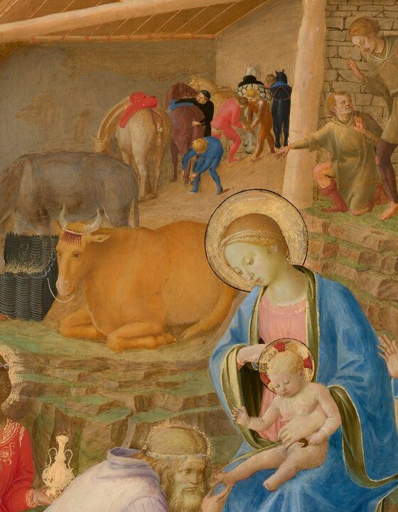 The compositional anchor of the tondo , her downward gaze and blue mantle draw the eye and carry the devotional weight of the entire scene.