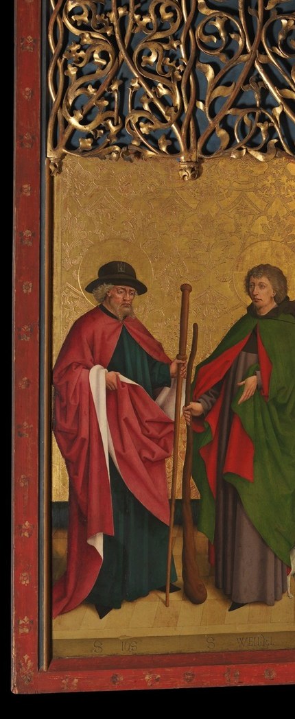 The red mantle and pilgrim staff suggest Saint Judoc, a Breton pilgrimage saint almost never depicted in southern German altarpieces , his presence signals either a specific donor connection or an unusual chapel dedication