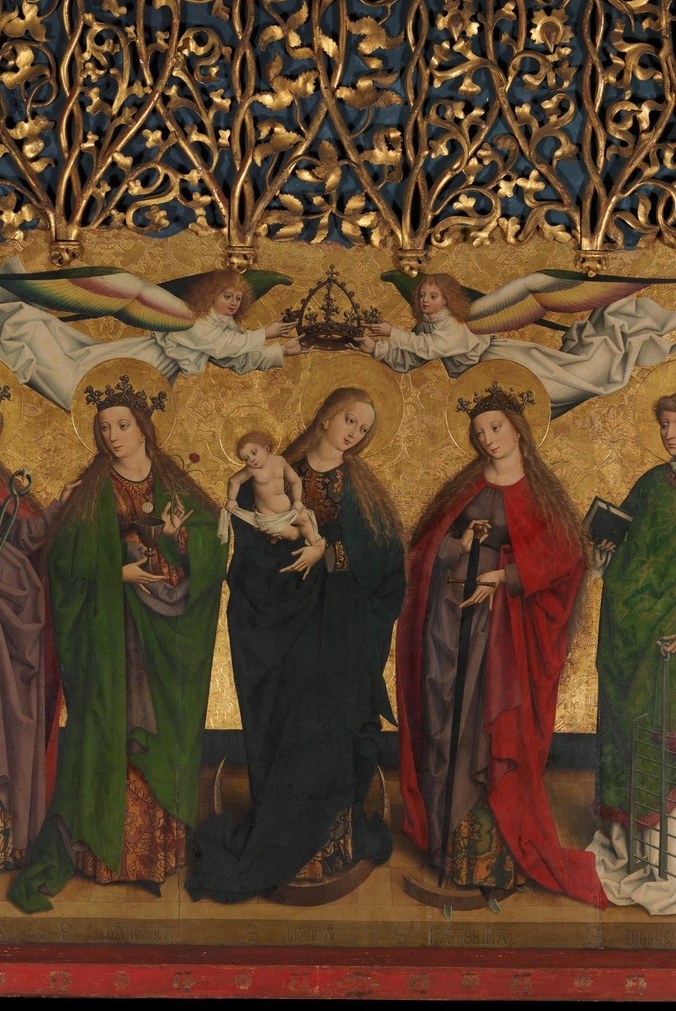 Devotional apex of the triptych; Mary's gentle incline toward the infant defines the emotional gravity from which all flanking saints defer , scale hierarchy places them above every other figure