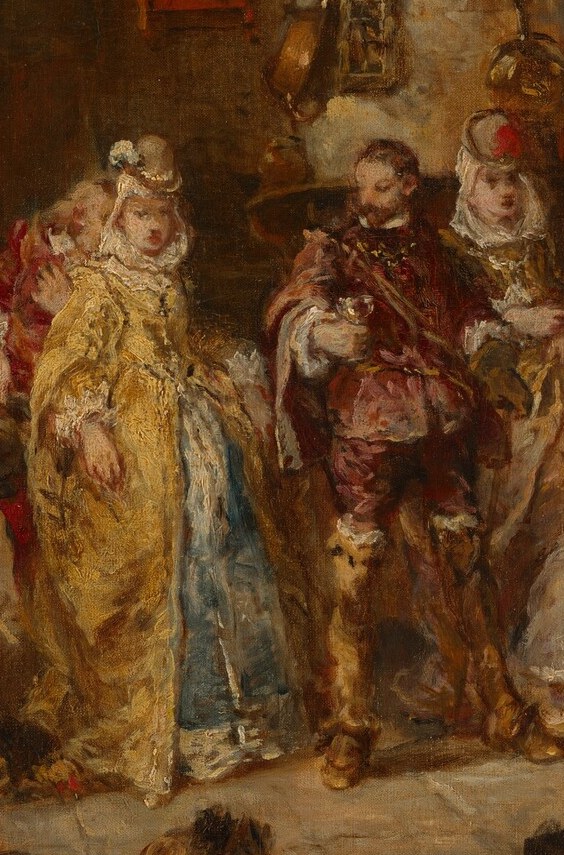 Notice the central figure in his striking red and gold attire.