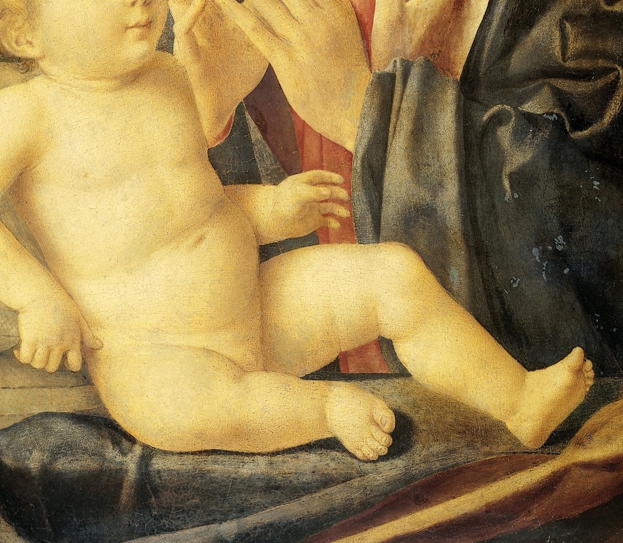 The soft, rounded form of the child's body highlights his vulnerability and humanity, rendered with a gentle, luminous quality.