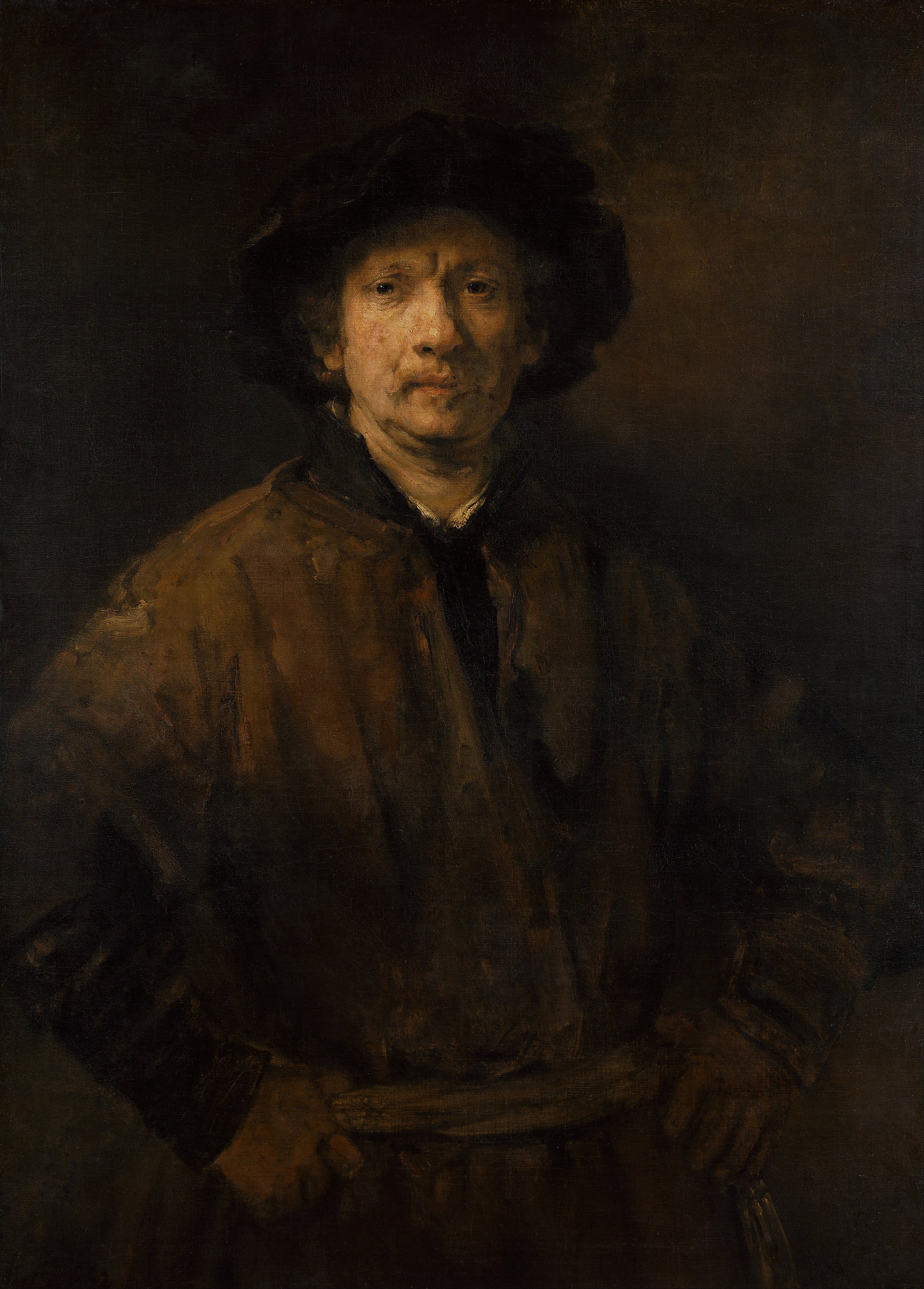 The deep, almost oppressive darkness of the background isolates the figure and intensifies the focus on his presence.