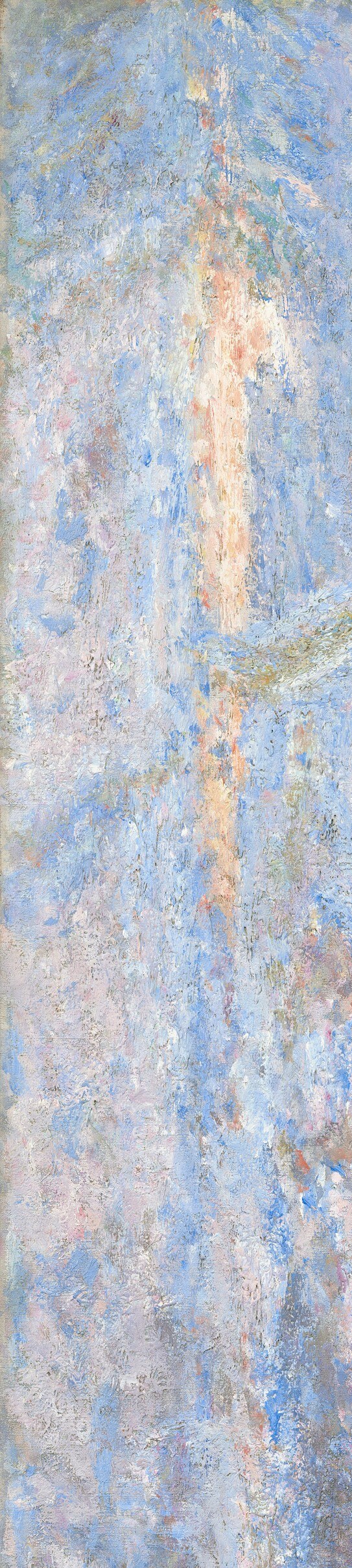 Reads as a column of warm cream-grey dissolving into sky , the tower's outer edge blurs into atmosphere, Monet's core argument that stone and air are the same substance under the right light