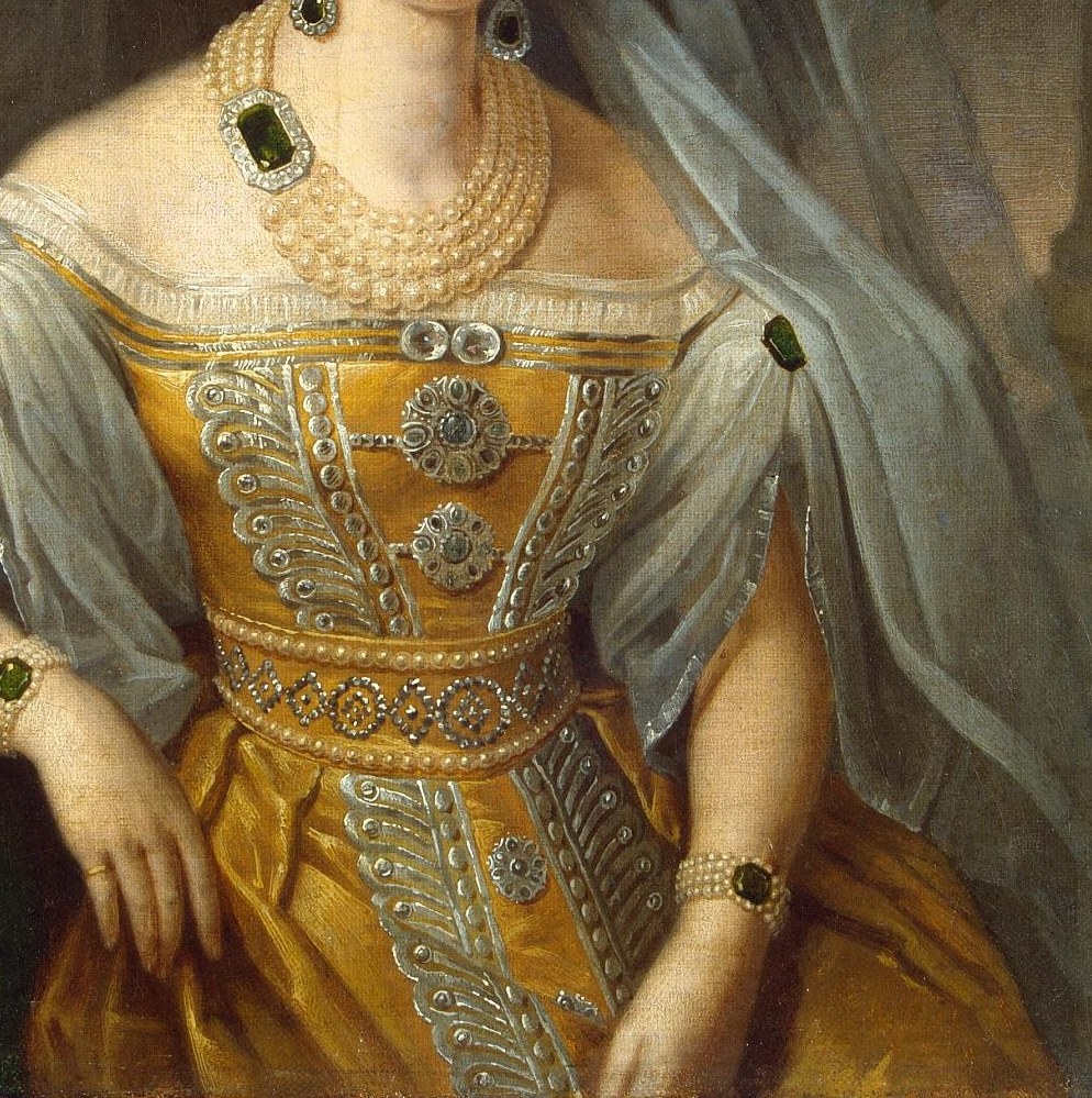 Her elaborate kokoshnik and gown blend Western and Russian styles.