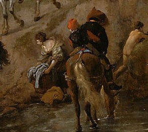 His calm demeanor while handling the horse in the water suggests a routine task, highlighting the practicalities of horse care.
