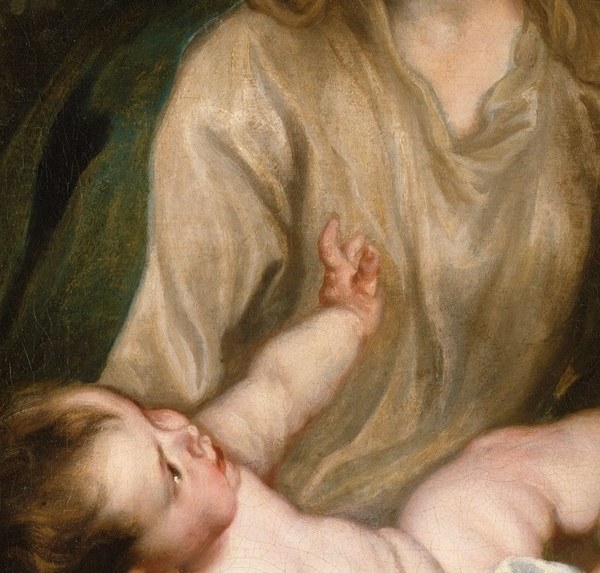 Now the infant's upturned face: a single wet stroke for the mouth.