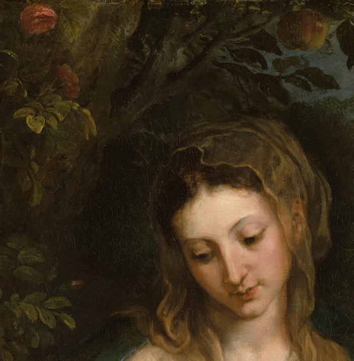Her tilted, meditative gaze directed at the Child conveys tender maternal devotion , a hallmark of van Dyck's ability to animate sacred figures with intimate emotion