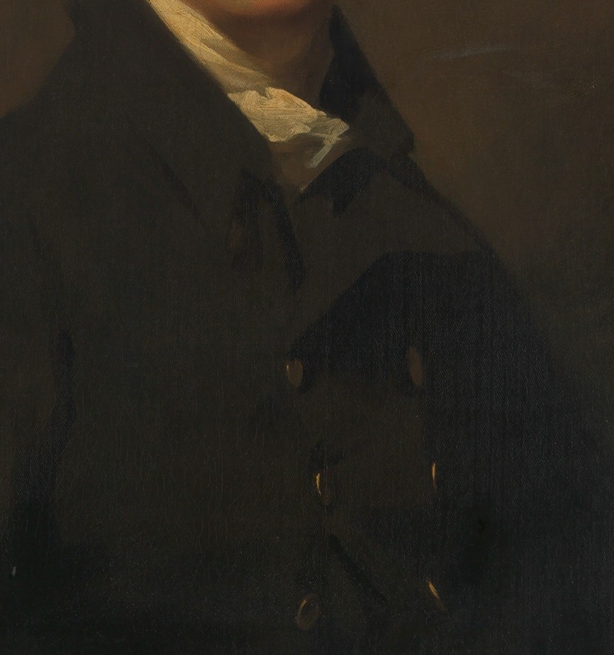 The dark coat suggests wealth and status.