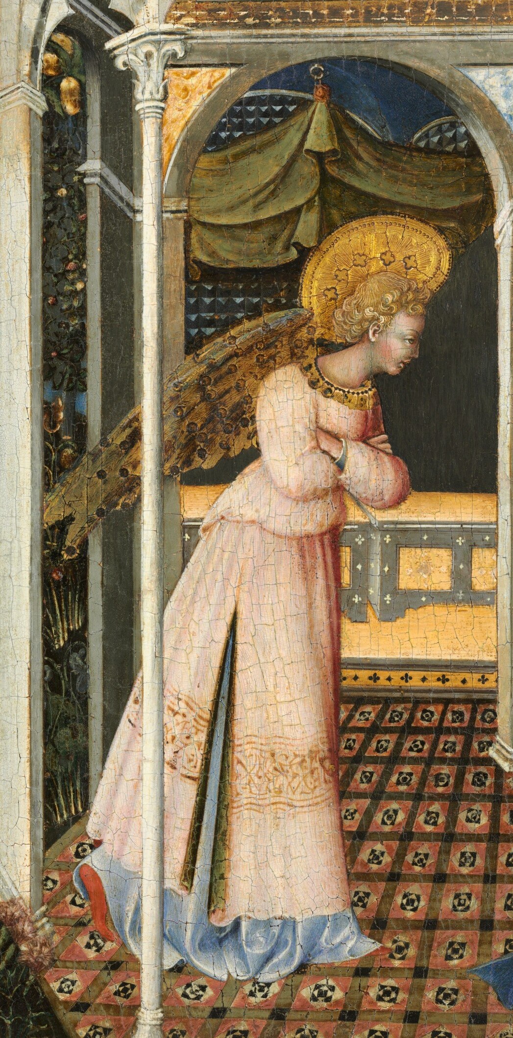 His elaborate headdress and flowing robe suggest divine status and the importance of the message he carries.