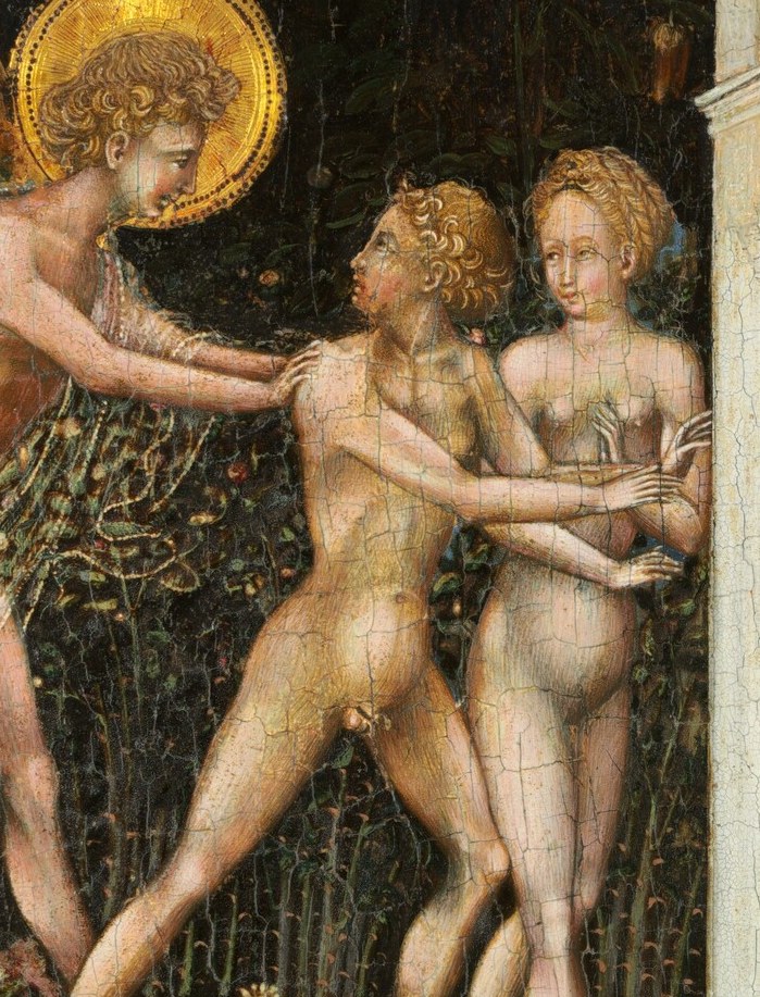 His forceful gesture and stern expression emphasize the divine judgment and the consequence of disobedience.