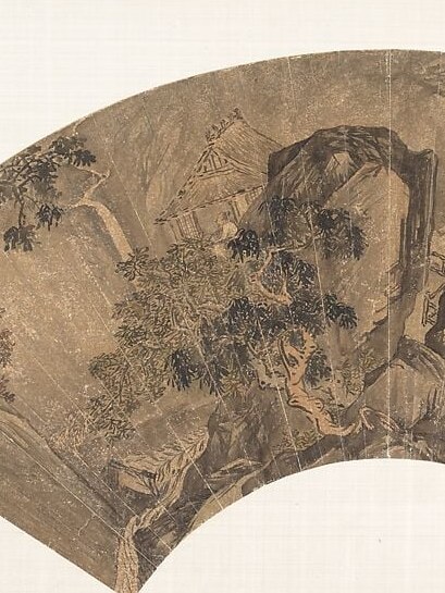 The compositional spine of the scroll: stripped of leaves, the trees expose every fork and twig, creating a calligraphic tracery that is itself a display of brushwork virtuosity.