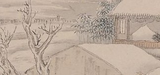 Beneath it, travelers cross a bridge, their hats dusted with snow.