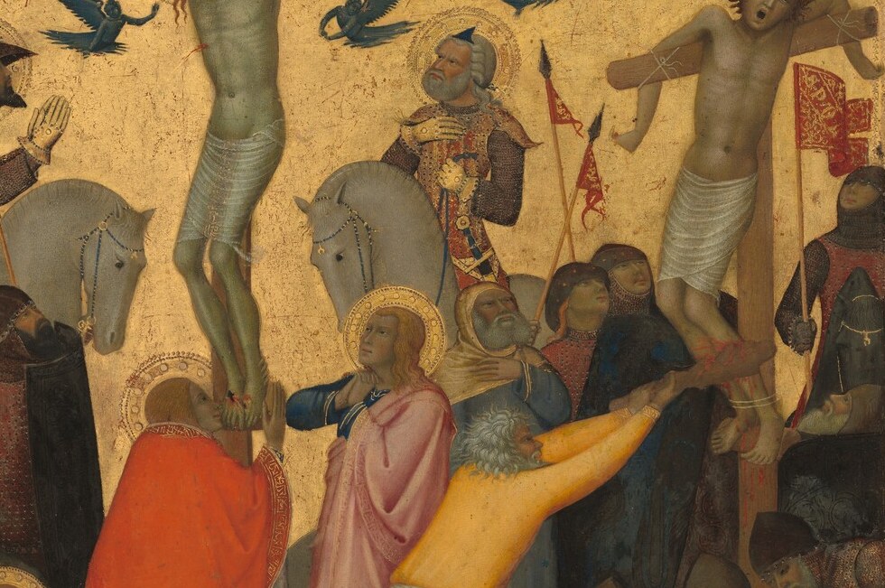 The central panel depicts the dramatic Crucifixion.