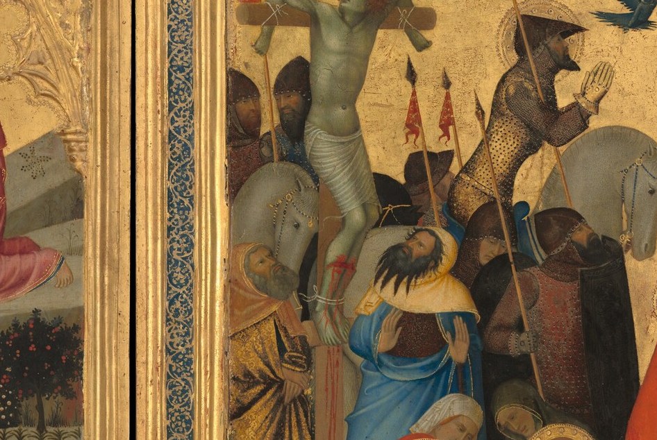 On the left, Jesus prays in the Garden of Gethsemane.