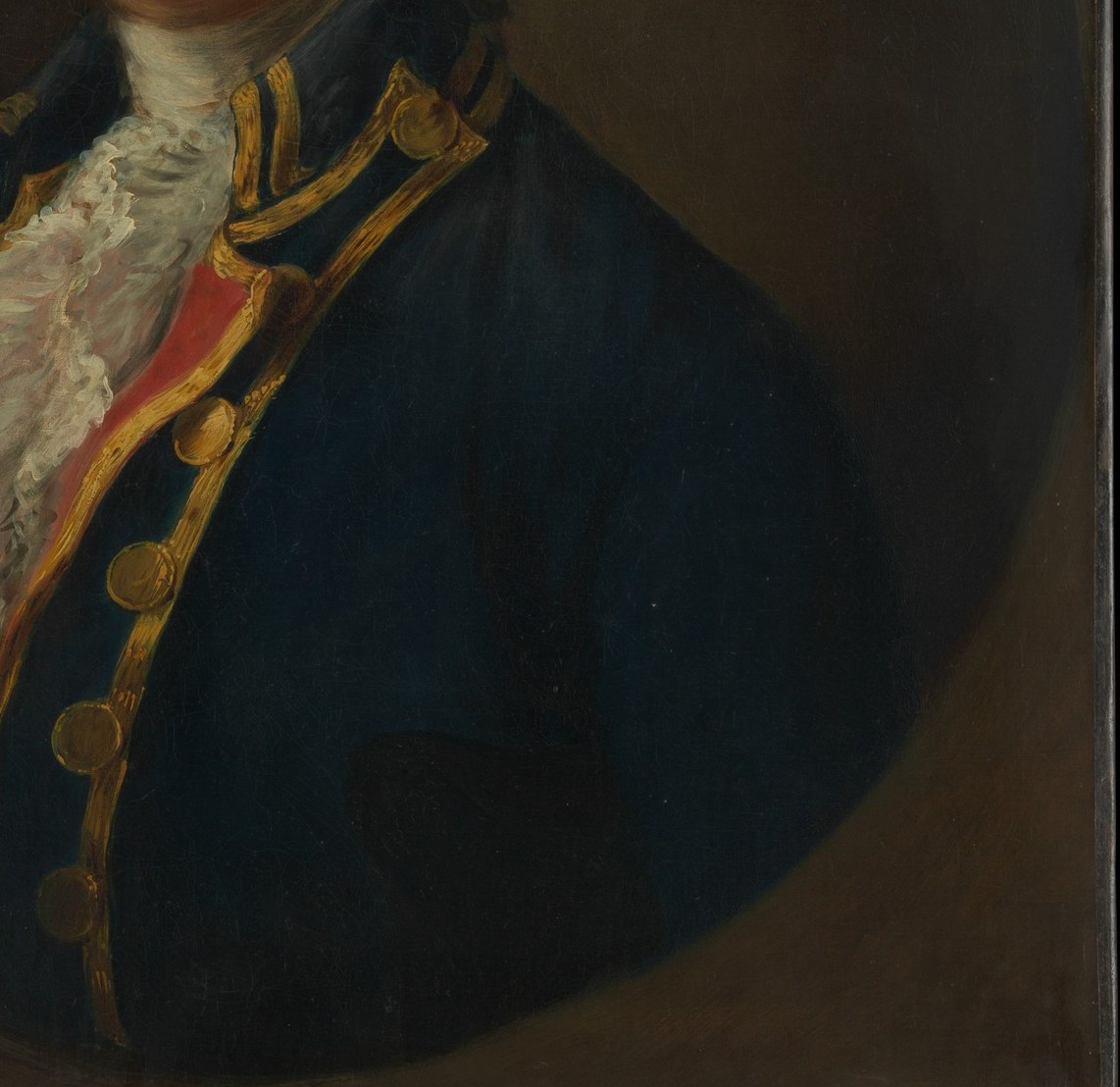 The rich blue of his coat, adorned with gold trim, signifies his military or naval rank and importance.