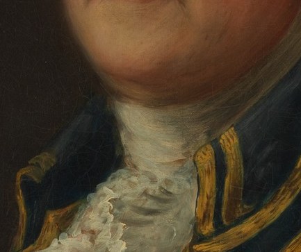 The powdered wig and ruffled collar speak to his aristocratic life.