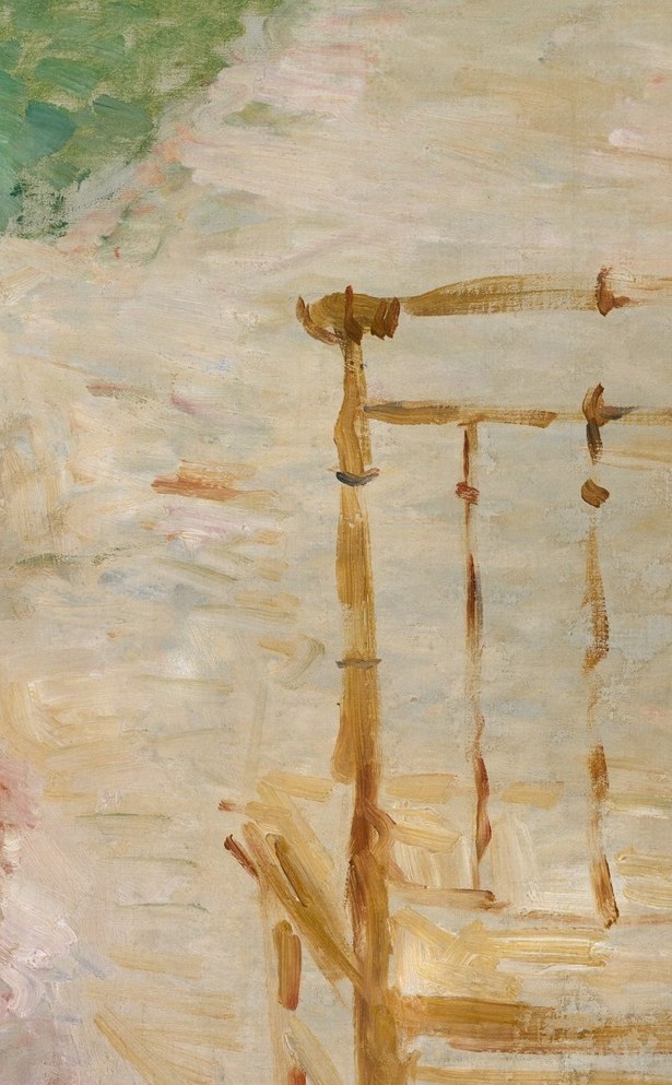 The geometric lattice of the chair frame introduces the only hard edge in a painting of soft dissolving marks , a structural anchor Morisot uses to stop the figure from floating