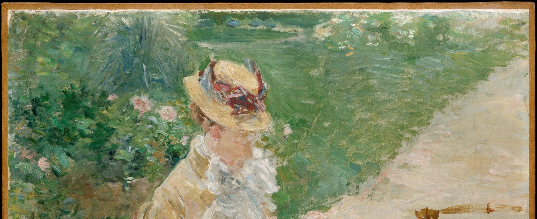 The entire upper register dissolves into overlapping strokes of green, grey and pink-white blossom; read closely it is pure abstraction , remarkable for 1883