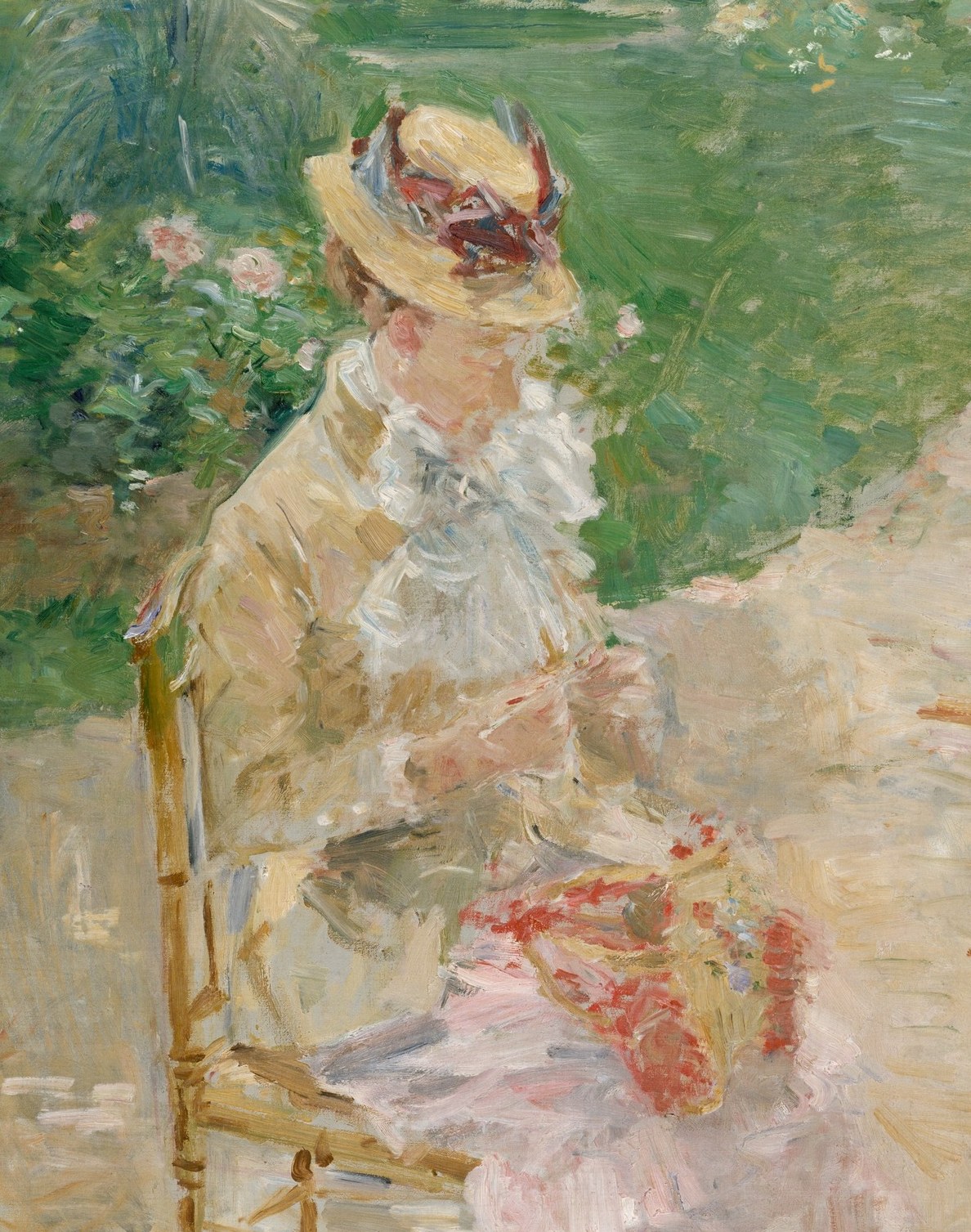 The entire figure anchors the composition; her anonymized face and absorbed posture embody Morisot's theme of private feminine interiority in domestic life
