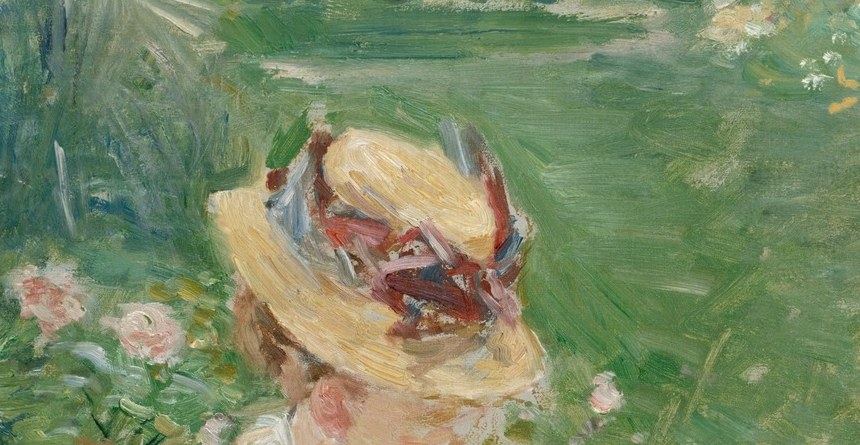 A fashionable 1880s accessory rendered with loose strokes; the warm ochre tones against the cool garden create the painting's brightest focal point