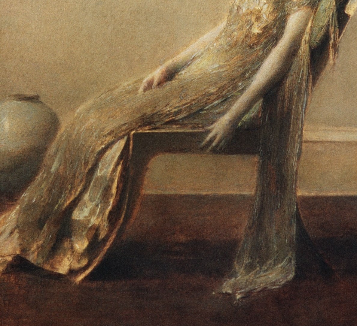 Her shimmering gold dress catches the ambient light.