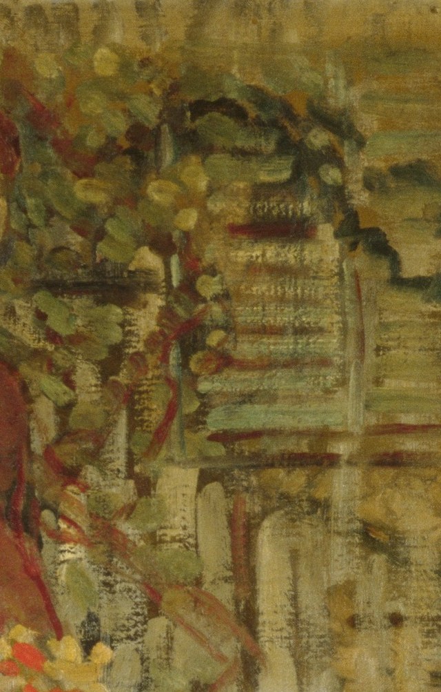 His brushstrokes create a mosaic-like quality, blurring the background.