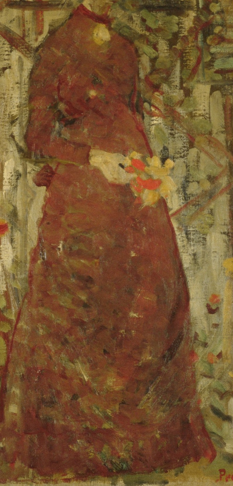 The loose brushstrokes and rich color create a sense of movement and texture in her attire.