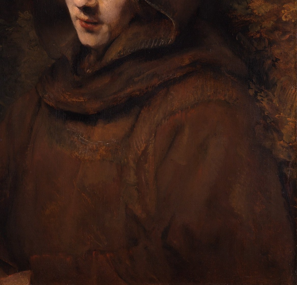 The rough texture and deep folds of the brown habit convey a sense of humility and austerity, characteristic of the Franciscan order.