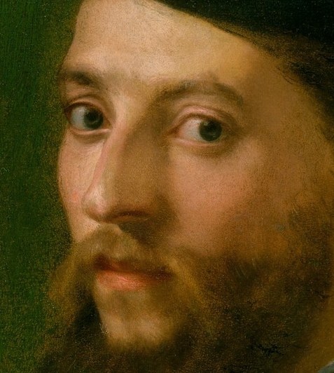 The painting uses strong light and shadow to create a 3D effect.