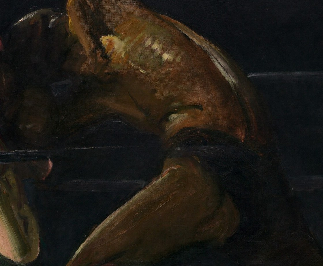 The musculature and sweat-slicked skin are rendered with a visceral realism, highlighting the raw physicality of the sport.