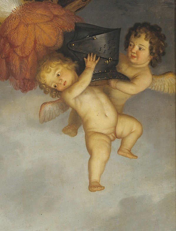 Even the cherubs carry symbols of their power, like this helmet.