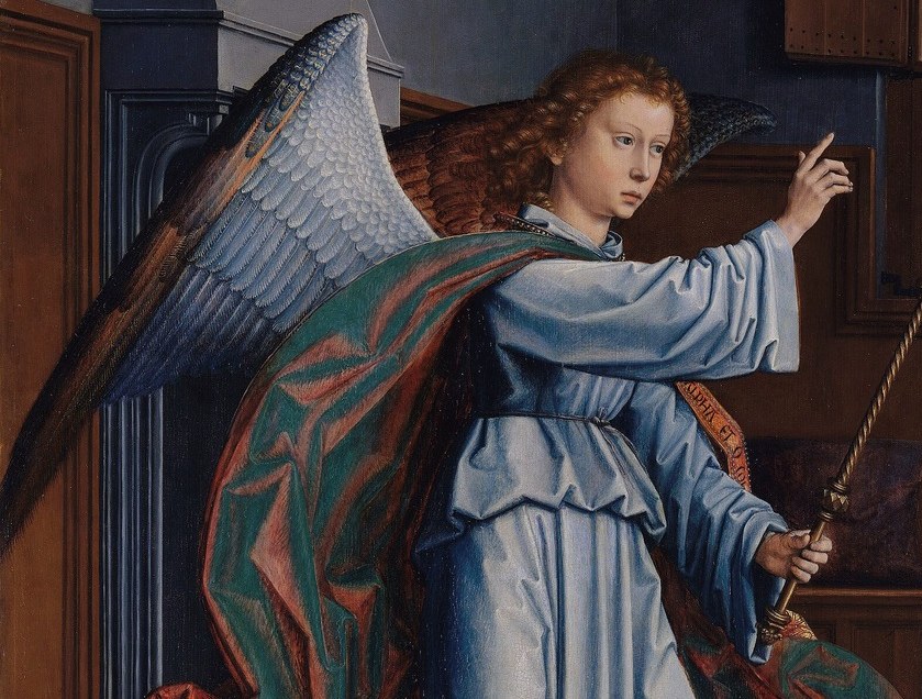 His iridescent wings suggest a divine, ethereal presence.