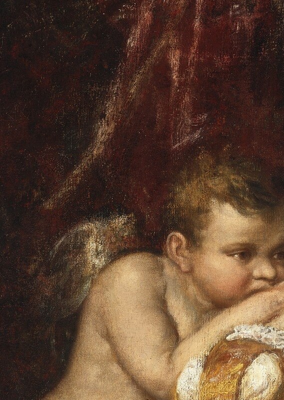 The Cupid's passive, submissive look as the blindfold is applied literalizes the Renaissance emblem of amor caecus , love made blind , with unusual tenderness rather than struggle.