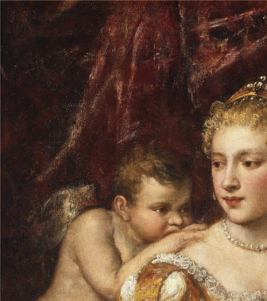 The deep red ground is the standard Venetian theatrical backdrop, but its warmth also rhymes with flesh tones, binding figures and setting into a single chromatic field , a characteristic Titianesque unification.