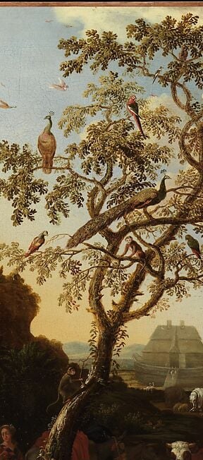 Acts as the vertical spine dividing the human world (left) from the animal world (right); its skeletal branches against the sky recall mortality even at the moment of salvation.